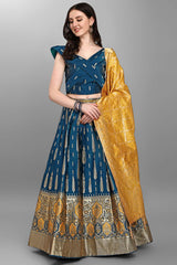 Teal Jacquard Woven Lehenga Choli