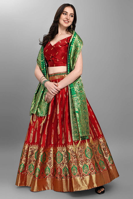 Red Jacquard Woven Lehenga Choli