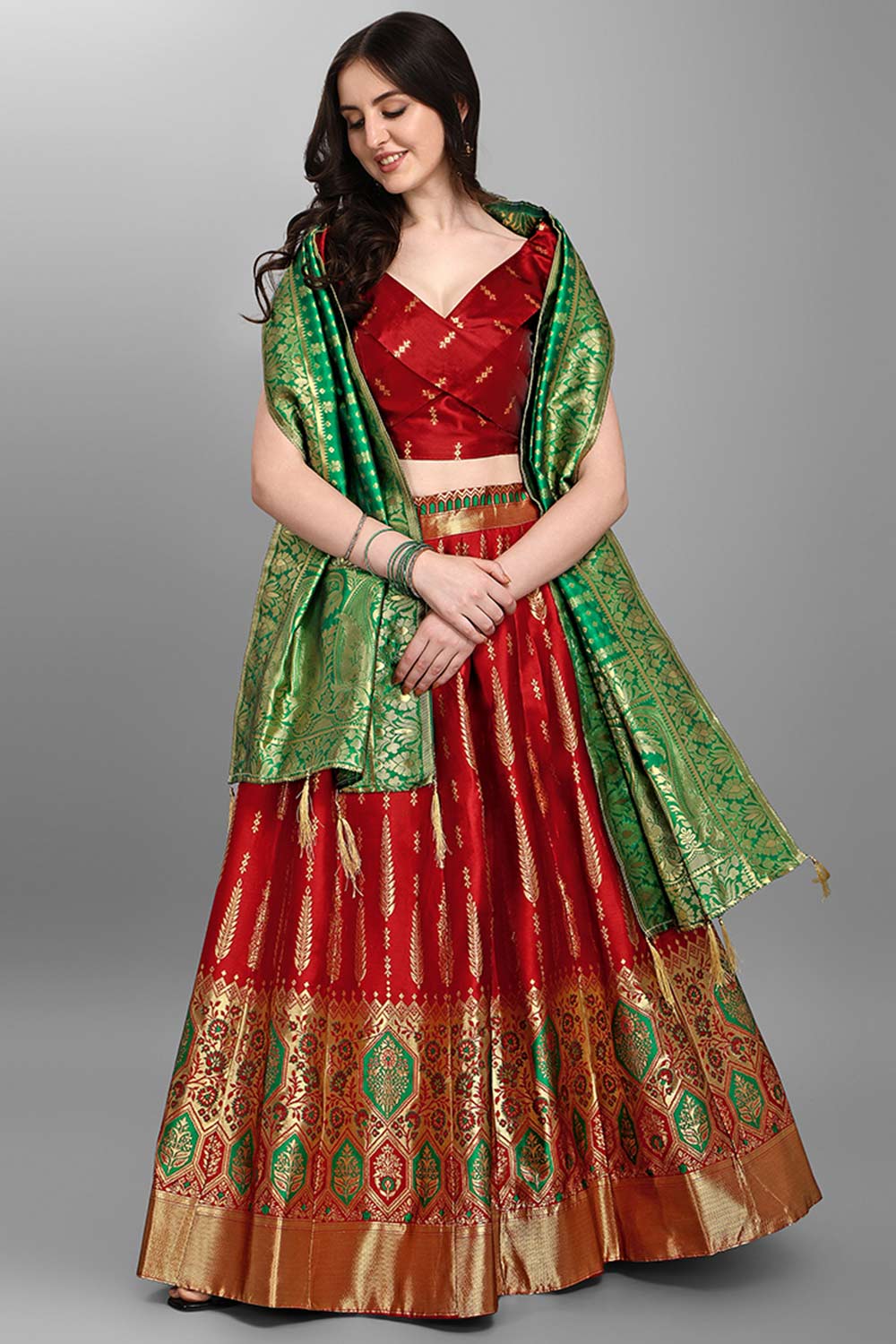 Red Jacquard Woven Lehenga Choli