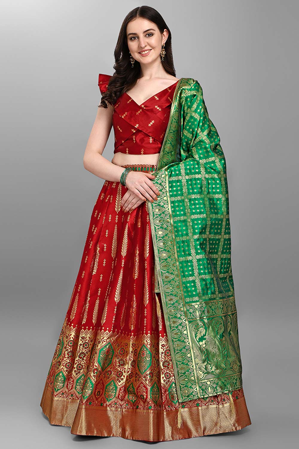 Red Jacquard Woven Lehenga Choli