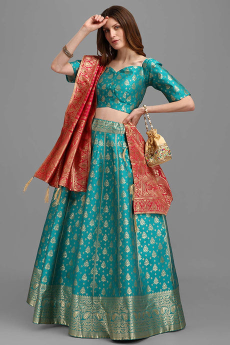 Turquoise Jacquard Woven Lehenga Choli