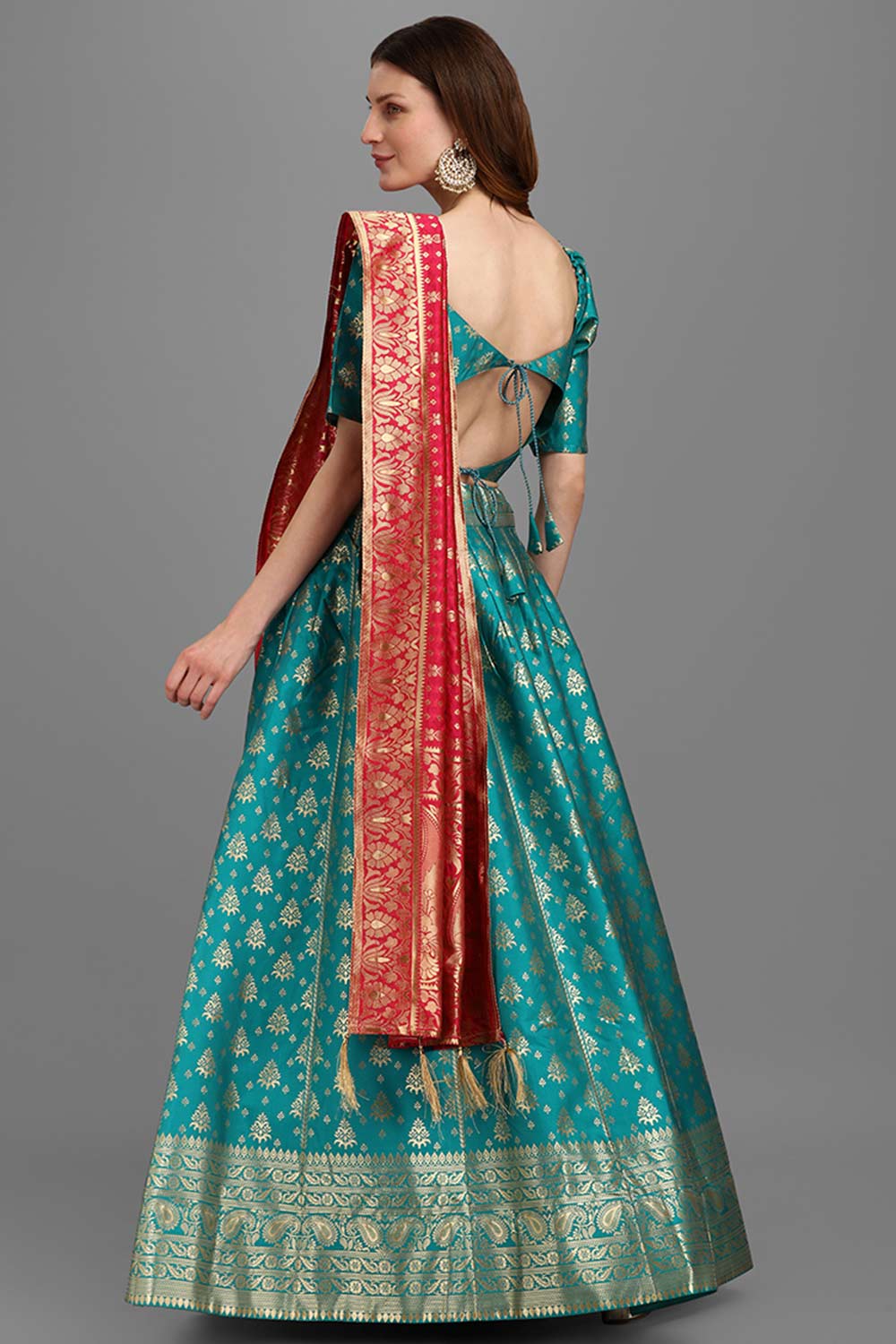 Turquoise Jacquard Woven Lehenga Choli