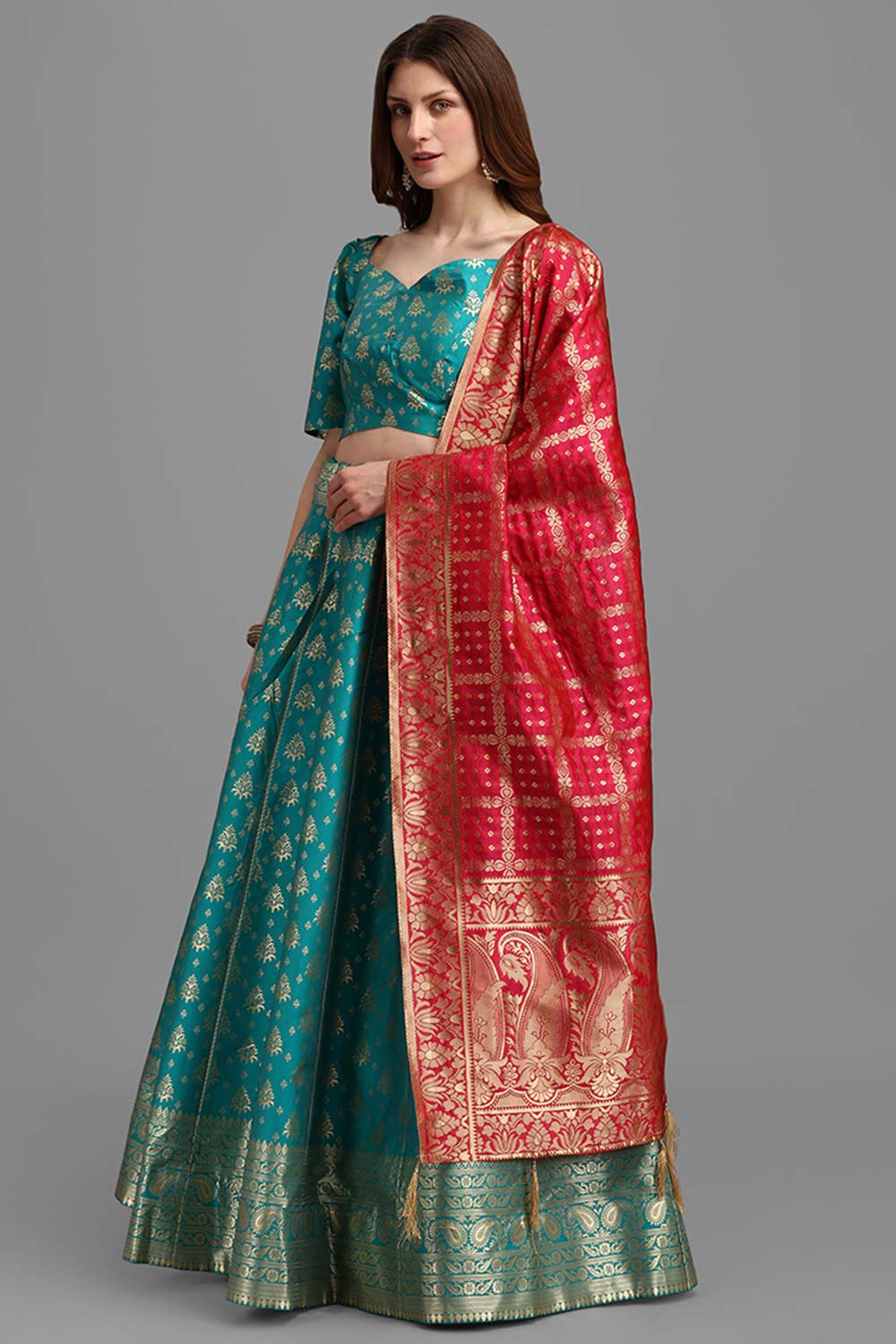 Turquoise Jacquard Woven Lehenga Choli