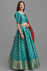 Turquoise Jacquard Woven Lehenga Choli