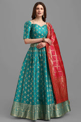 Turquoise Jacquard Woven Lehenga Choli