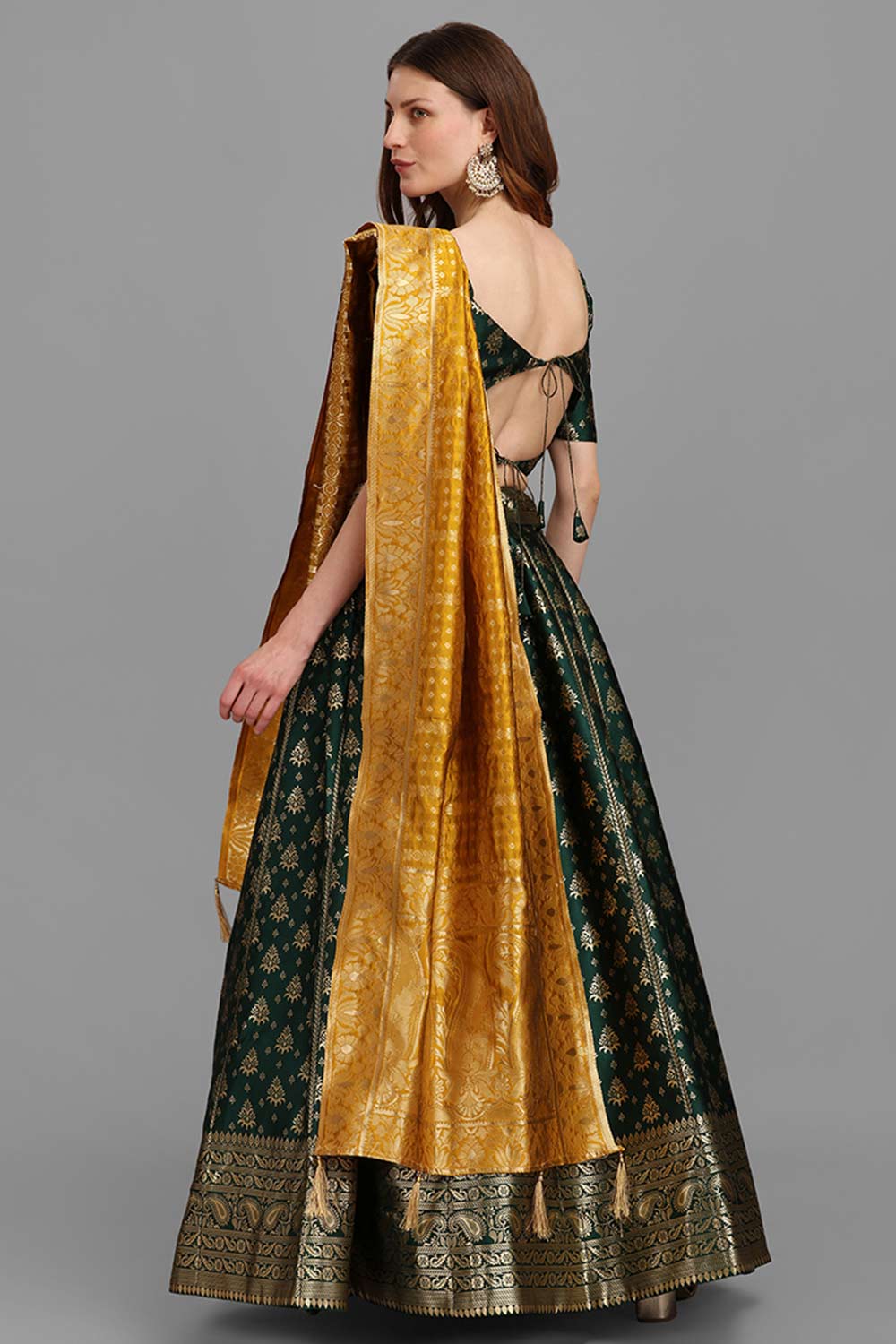 Dark Green Jacquard Woven Lehenga Choli