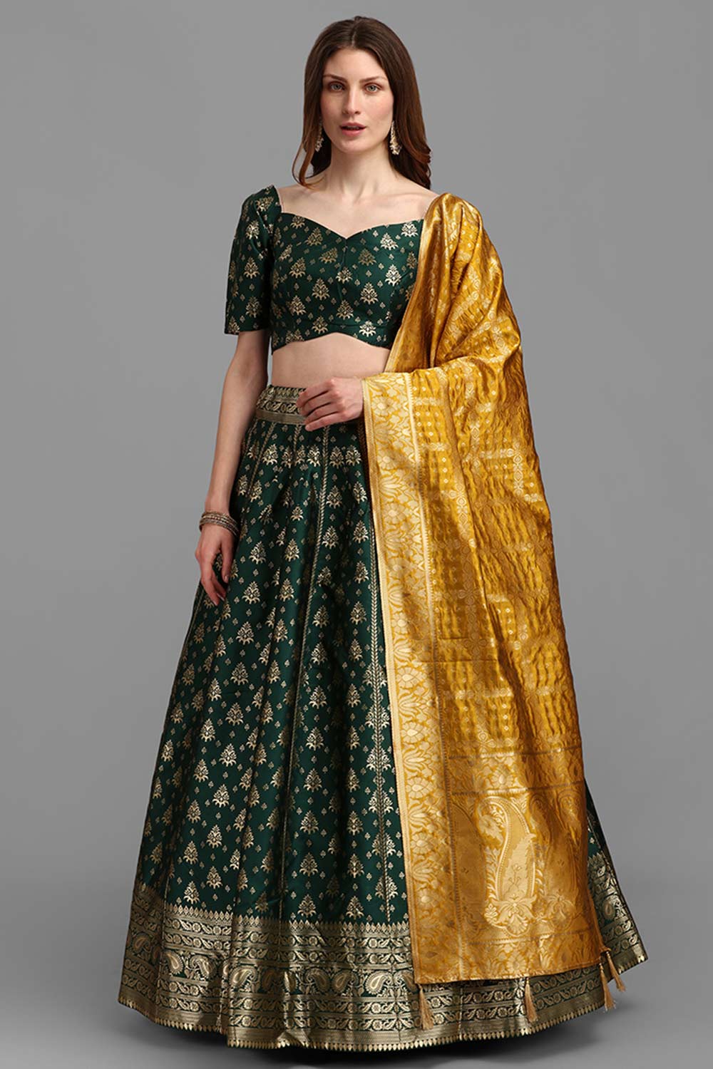 Dark Green Jacquard Woven Lehenga Choli