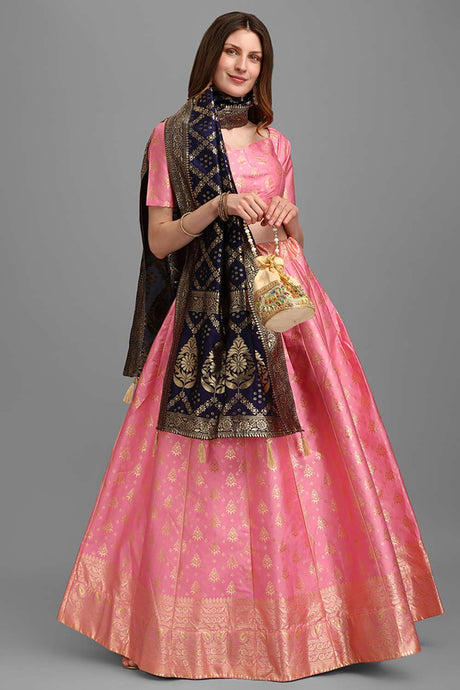 Pink Jacquard Woven Lehenga Choli