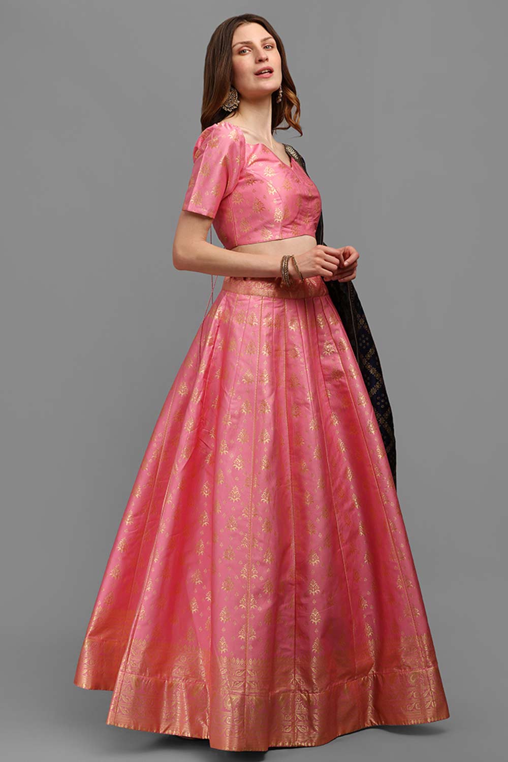 Pink Jacquard Woven Lehenga Choli