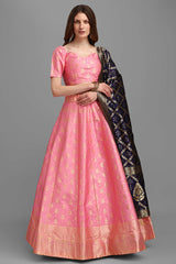 Pink Jacquard Woven Lehenga Choli