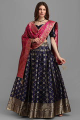 Navy Blue Jacquard Woven Lehenga Choli