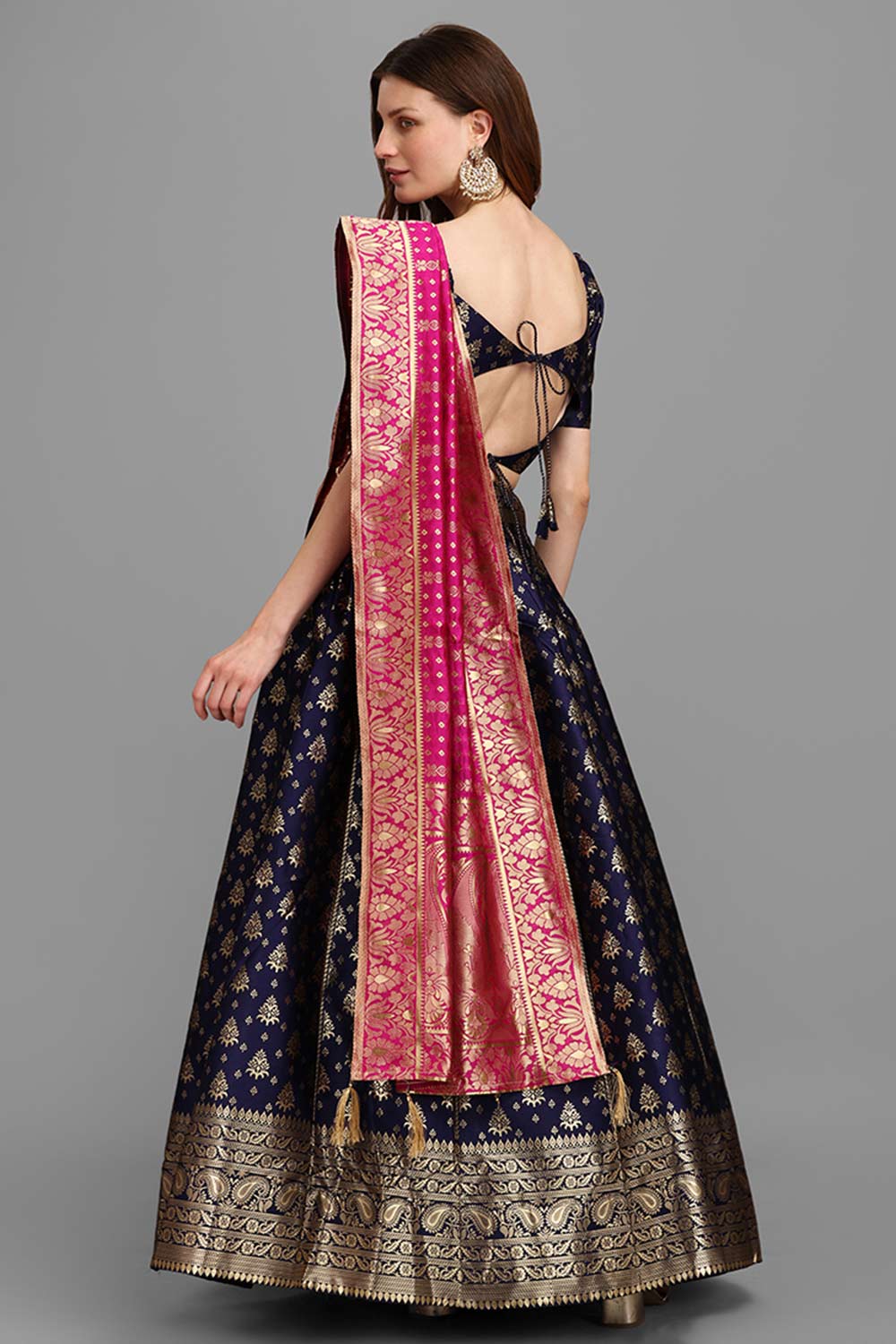 Navy Blue Jacquard Woven Lehenga Choli