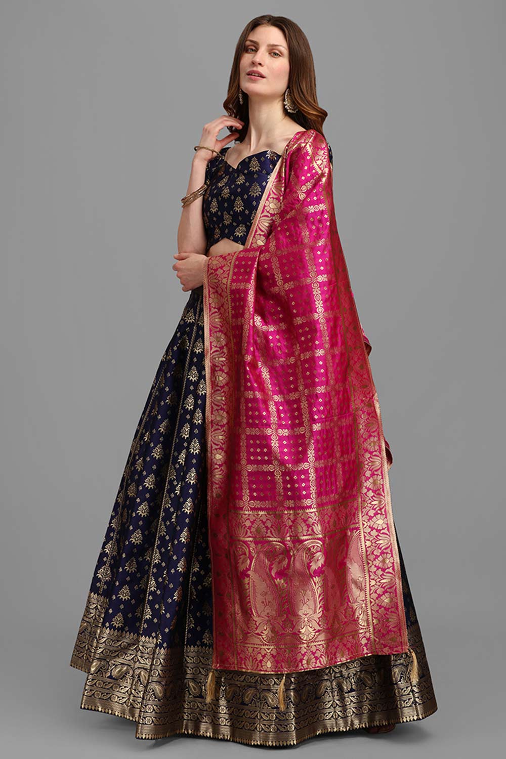 Navy Blue Jacquard Woven Lehenga Choli