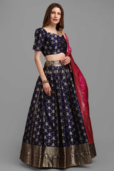 Navy Blue Jacquard Woven Lehenga Choli