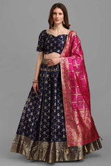 Navy Blue Jacquard Woven Lehenga Choli