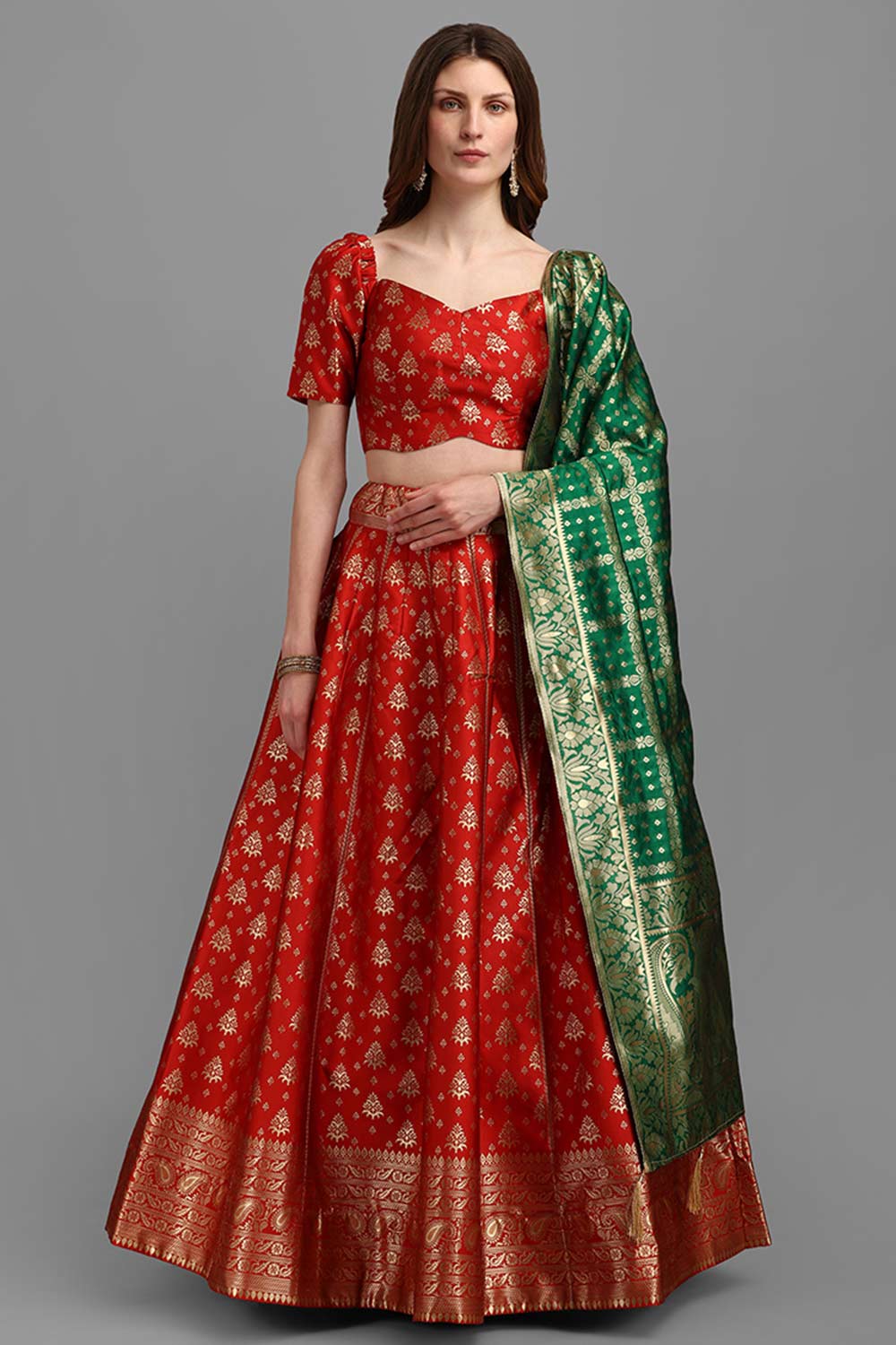 Red Jacquard Woven Lehenga Choli