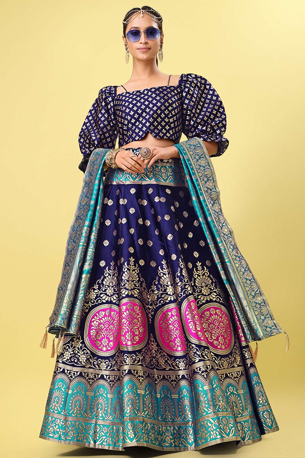 Navy Blue Jacquard Woven Lehenga Choli