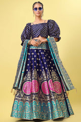 Navy Blue Jacquard Woven Lehenga Choli