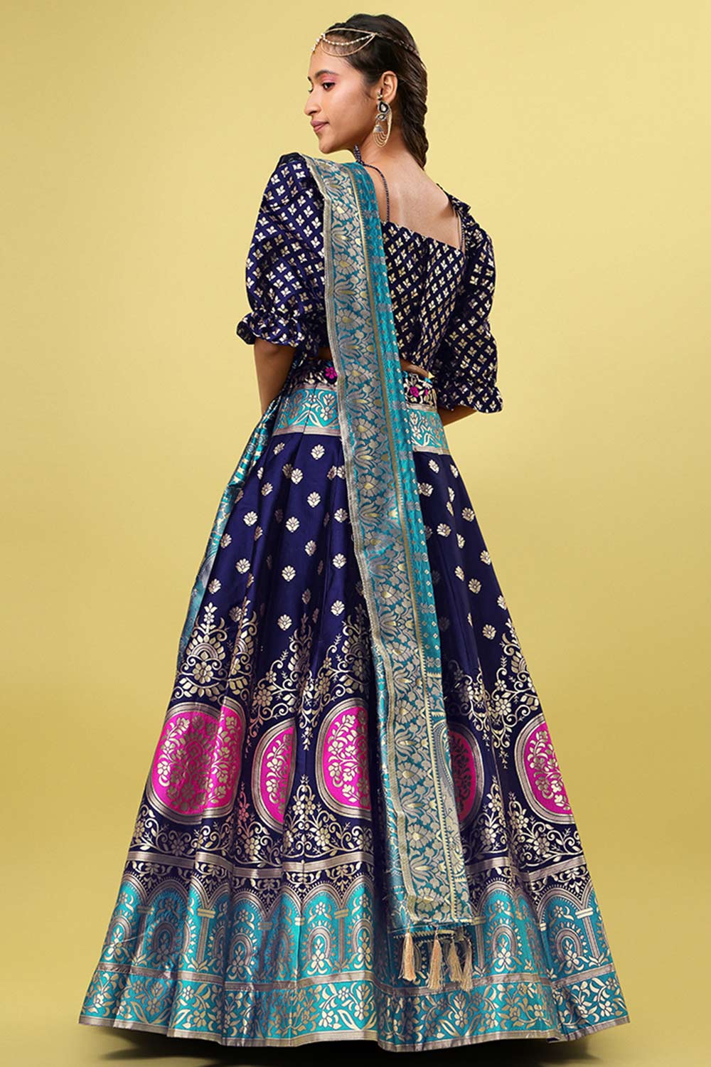 Navy Blue Jacquard Woven Lehenga Choli