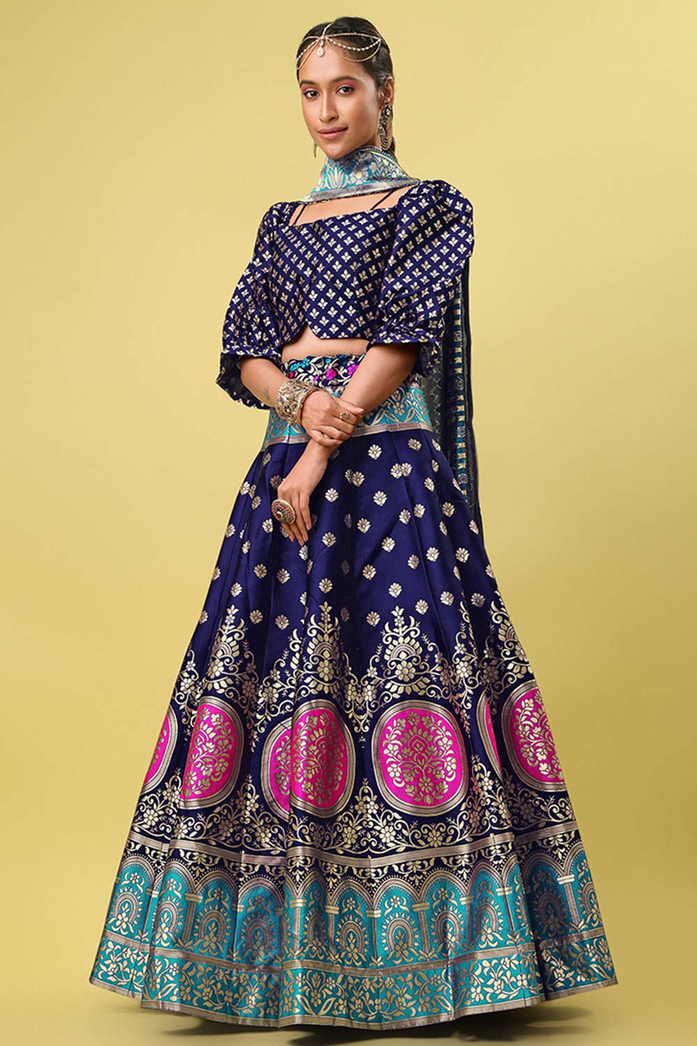 Navy Blue Jacquard Woven Lehenga Choli