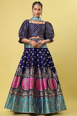 Navy Blue Jacquard Woven Lehenga Choli