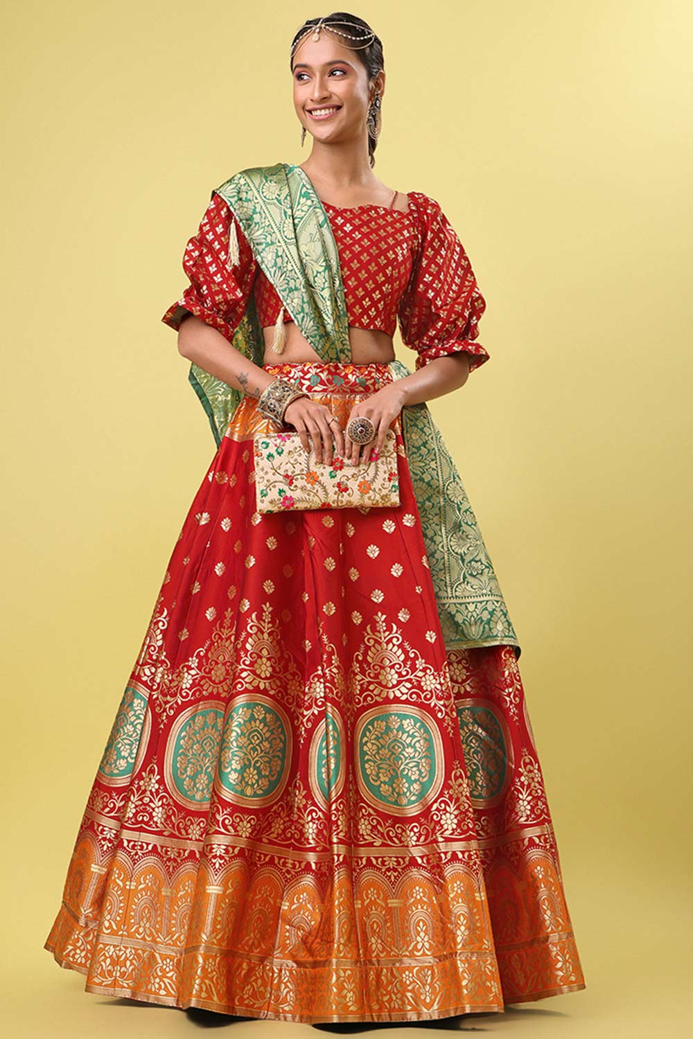 Red Jacquard Woven Lehenga Choli