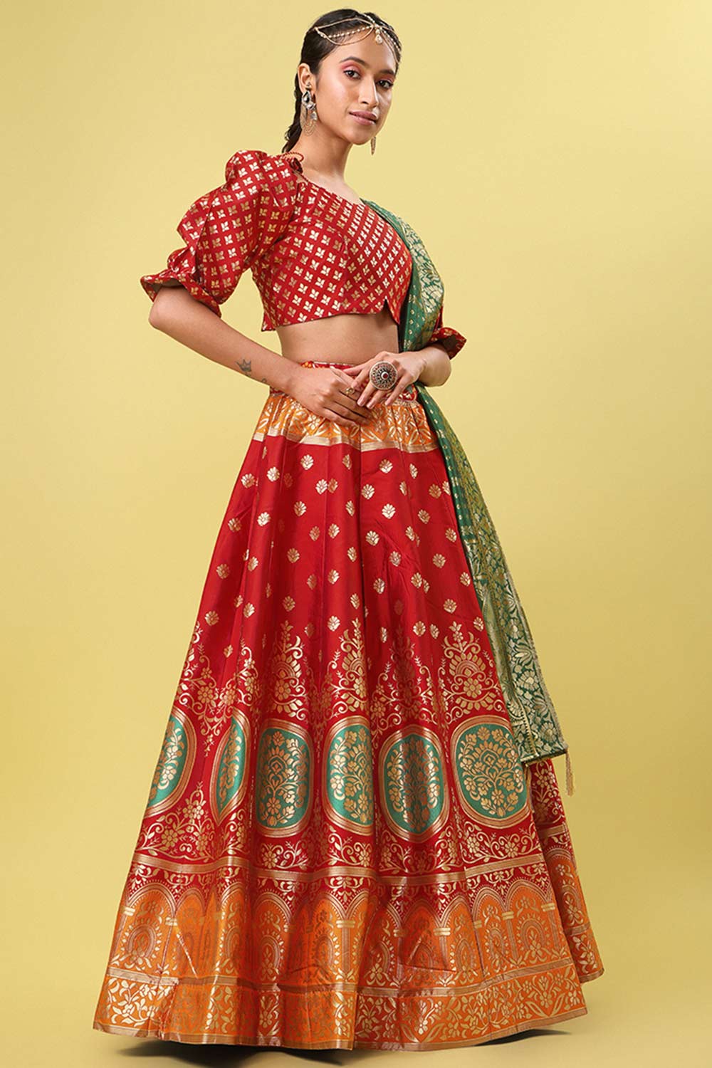 Red Jacquard Woven Lehenga Choli