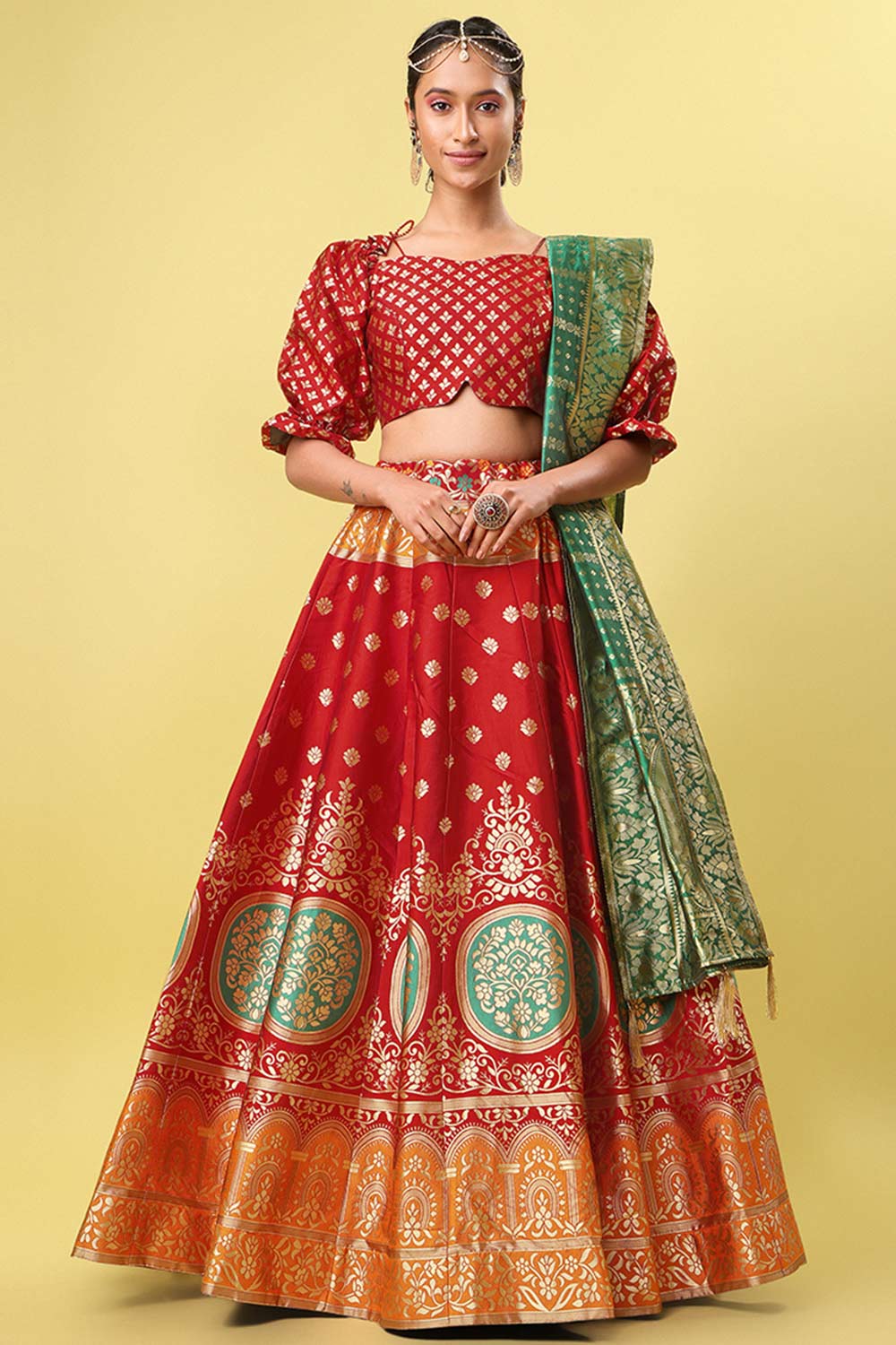 Red Jacquard Woven Lehenga Choli