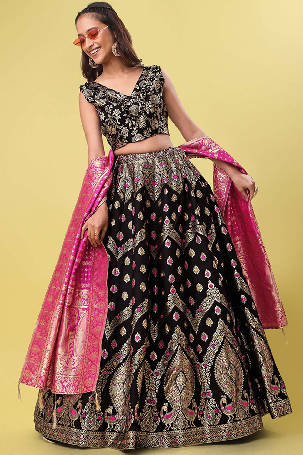 Black Jacquard Woven Lehenga Choli