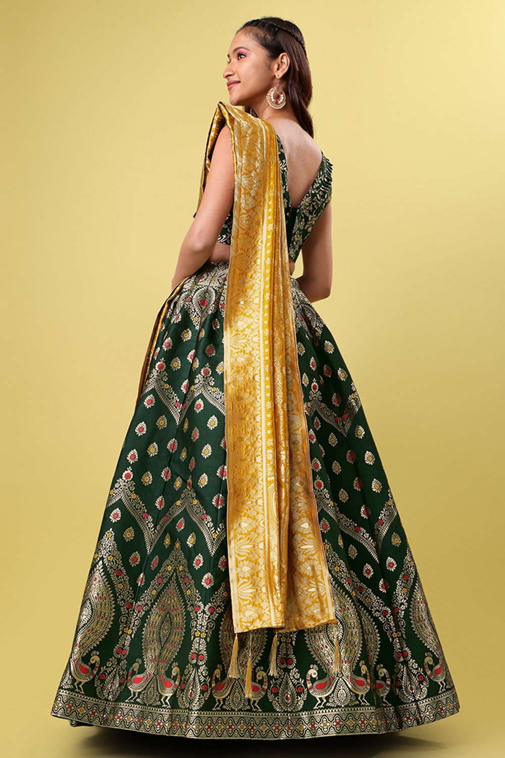 Dark Green Jacquard Woven Lehenga Choli