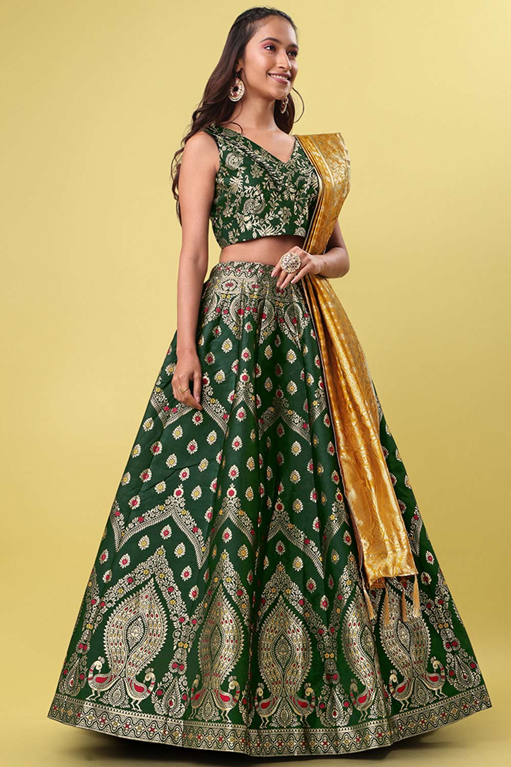 Dark Green Jacquard Woven Lehenga Choli