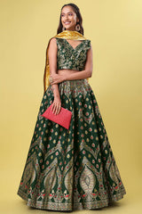 Dark Green Jacquard Woven Lehenga Choli