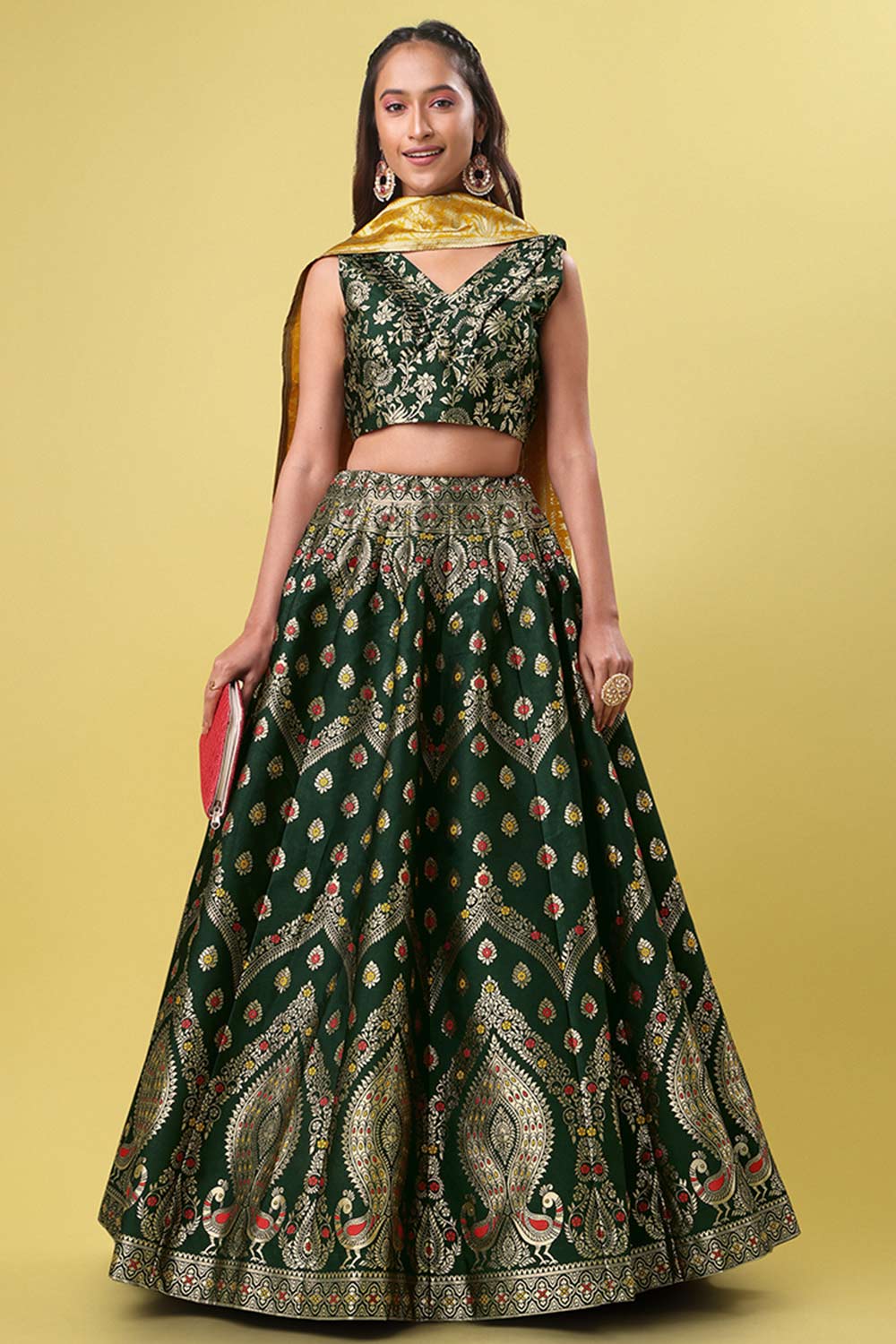 Dark Green Jacquard Woven Lehenga Choli