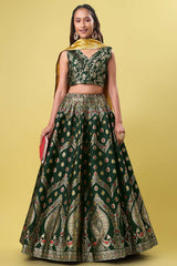 Dark Green Jacquard Woven Lehenga Choli