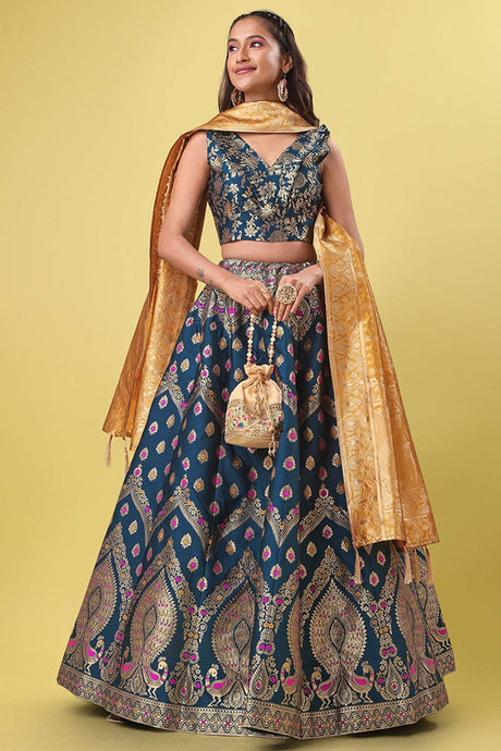 Teal Jacquard Woven Lehenga Choli