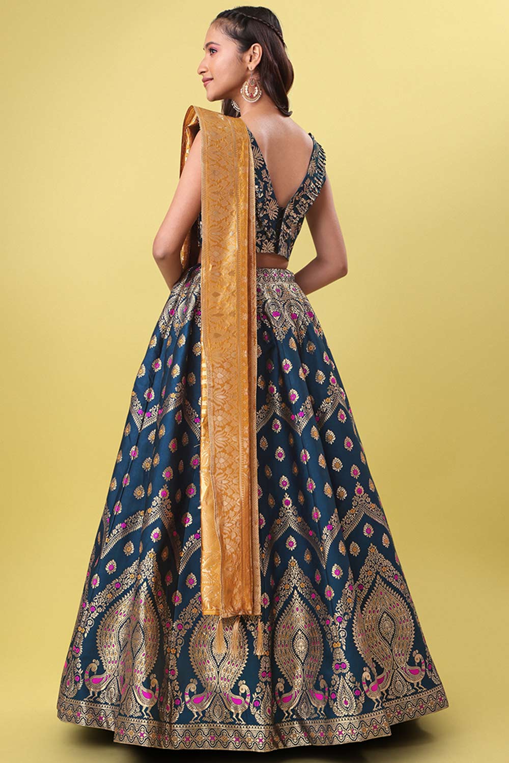 Teal Jacquard Woven Lehenga Choli