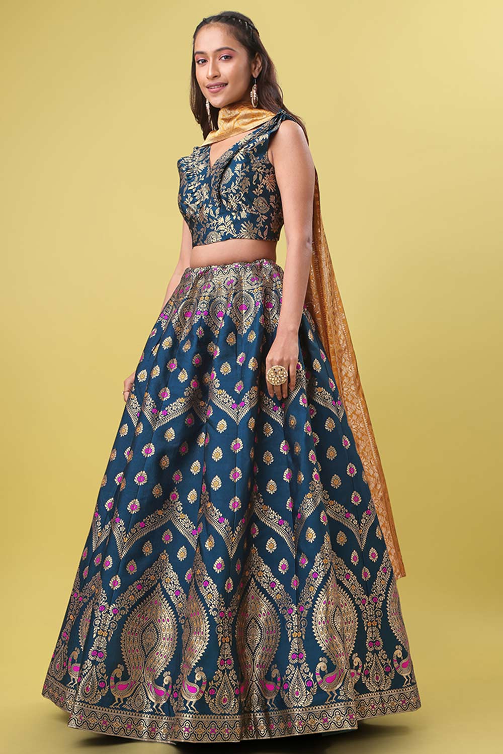 Teal Jacquard Woven Lehenga Choli