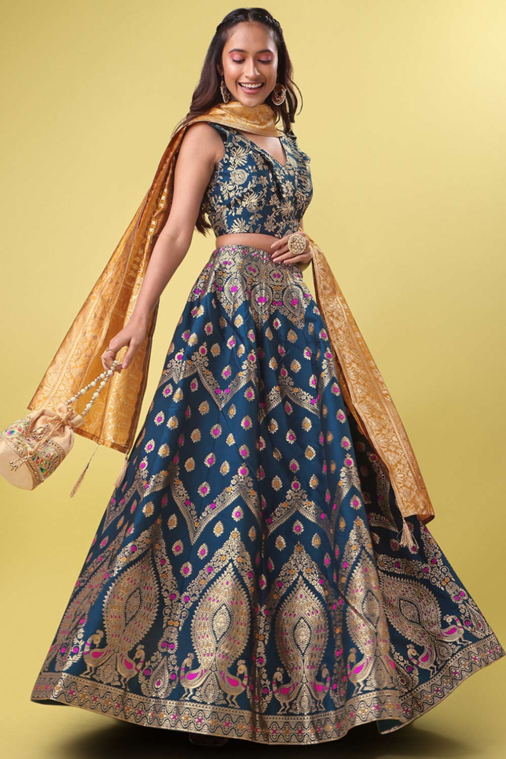 Teal Jacquard Woven Lehenga Choli