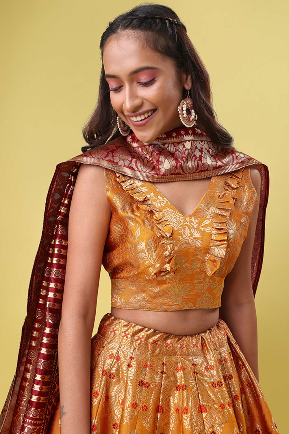 Orange Jacquard Woven Lehenga Choli