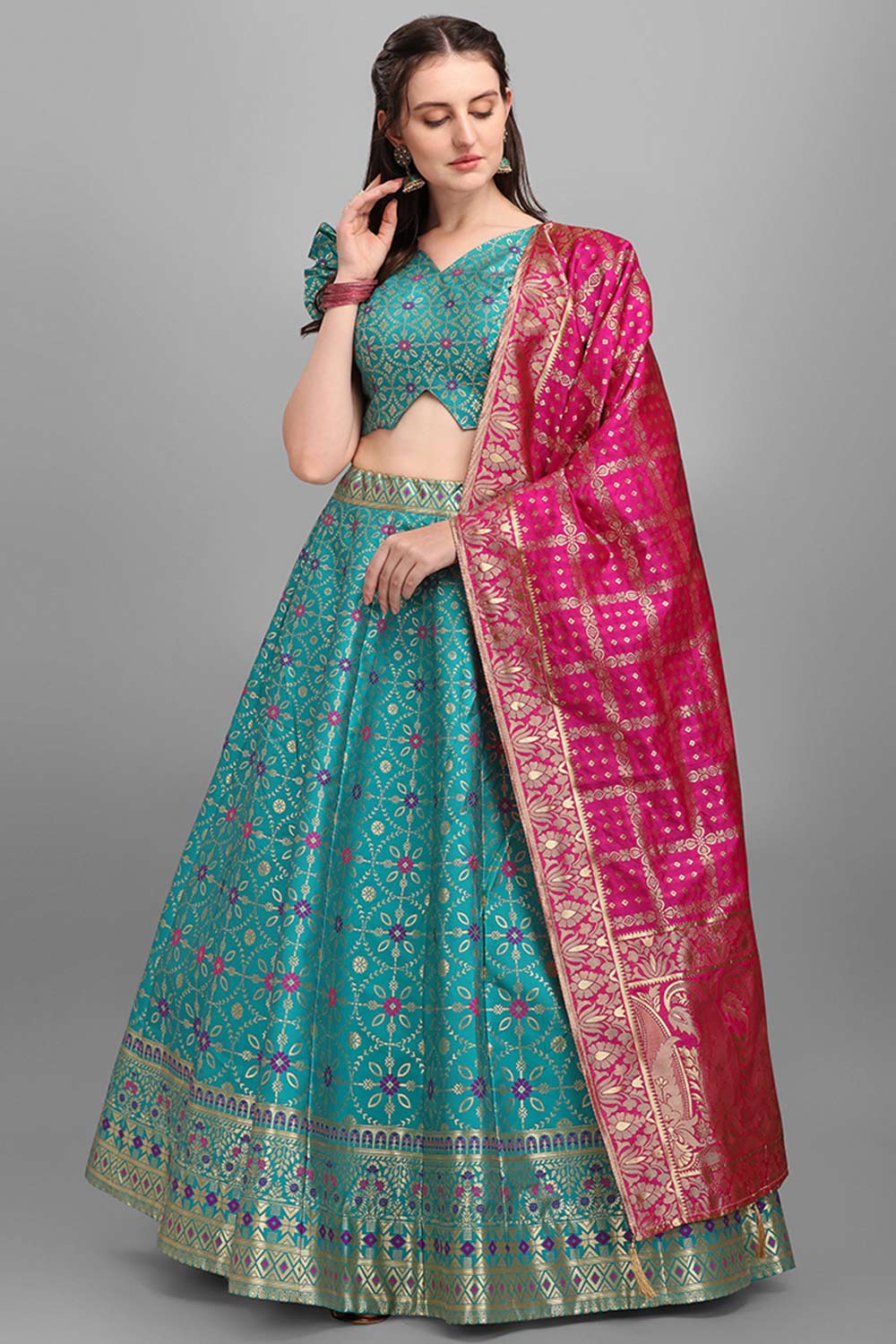 Turquoise Jacquard Woven Lehenga Choli