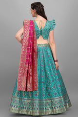 Turquoise Jacquard Woven Lehenga Choli