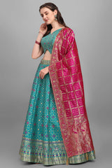 Turquoise Jacquard Woven Lehenga Choli