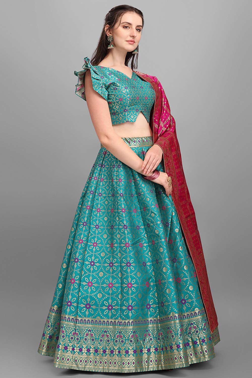 Turquoise Jacquard Woven Lehenga Choli