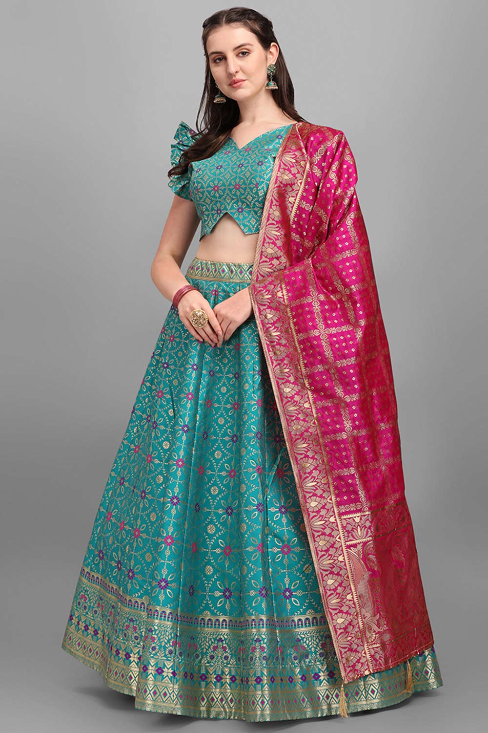 Turquoise Jacquard Woven Lehenga Choli