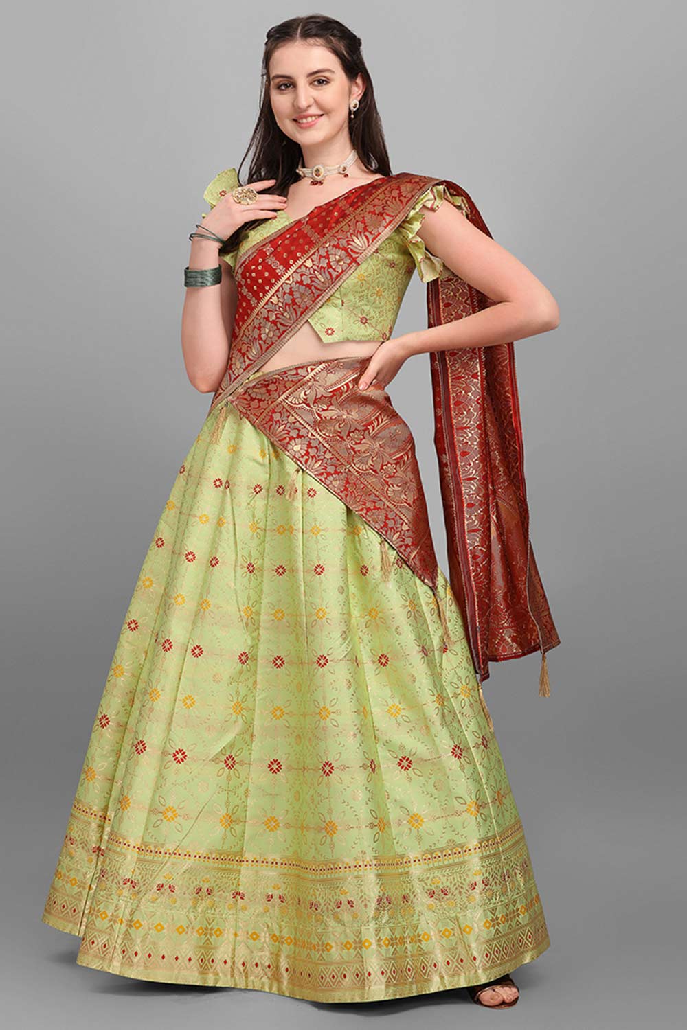 Light Green Jacquard Woven Lehenga Choli