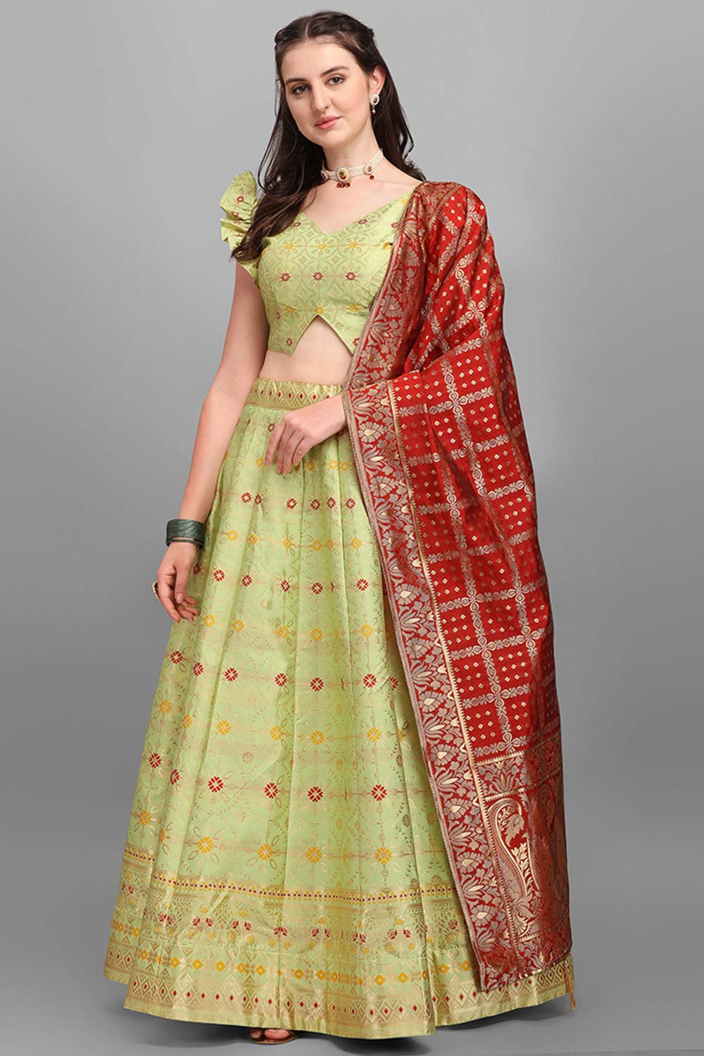 Light Green Jacquard Woven Lehenga Choli