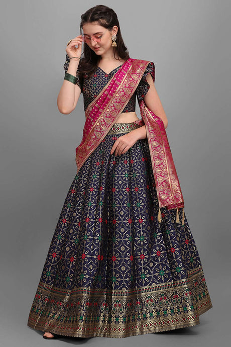 Navy Blue Jacquard Woven Lehenga Choli