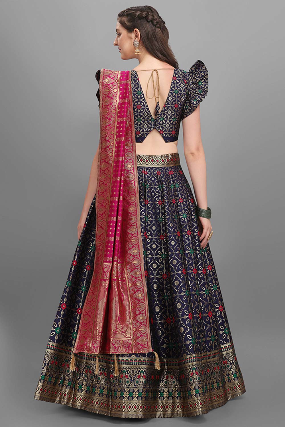 Navy Blue Jacquard Woven Lehenga Choli