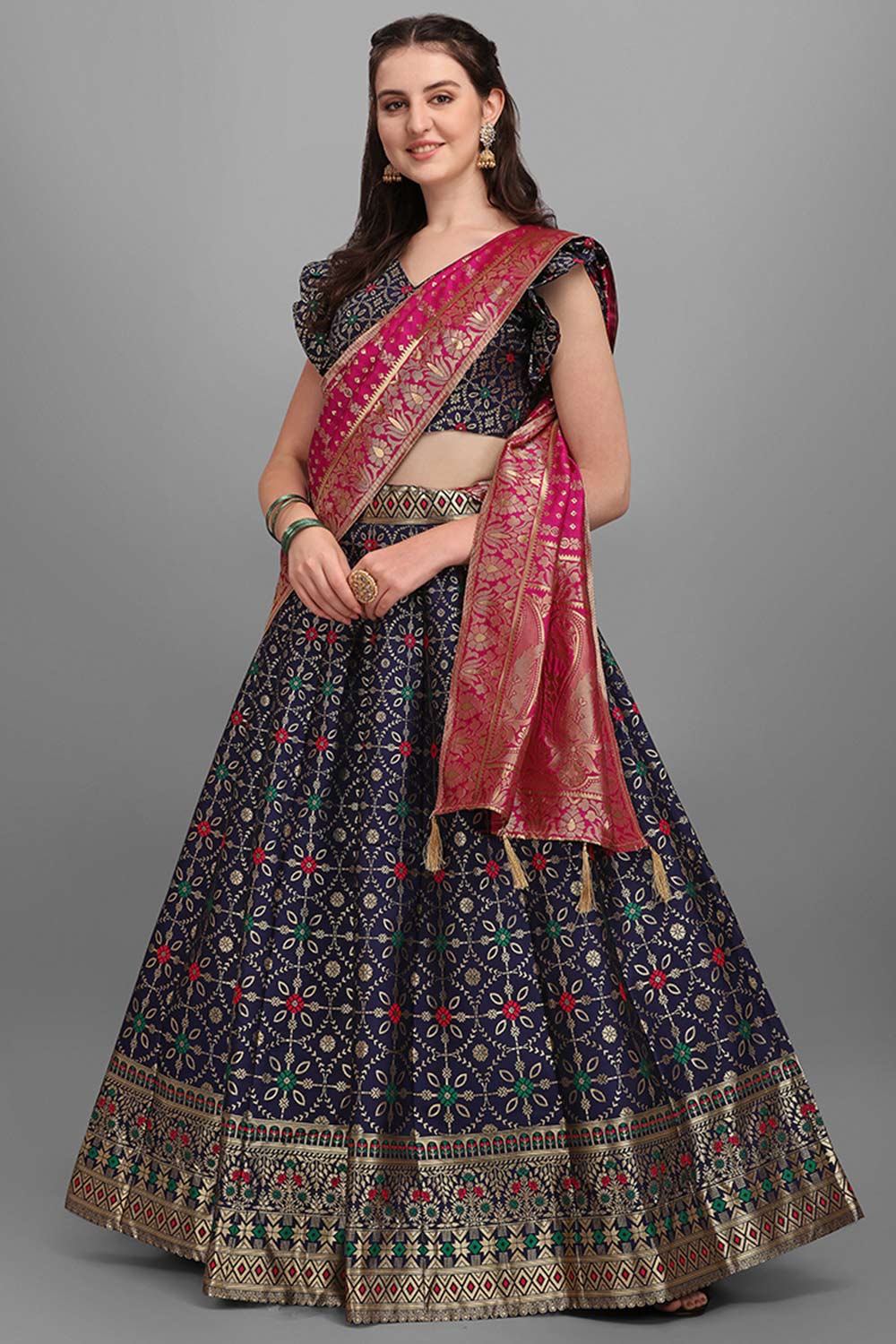 Navy Blue Jacquard Woven Lehenga Choli