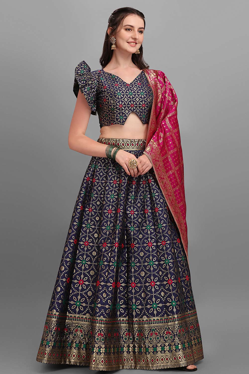 Navy Blue Jacquard Woven Lehenga Choli